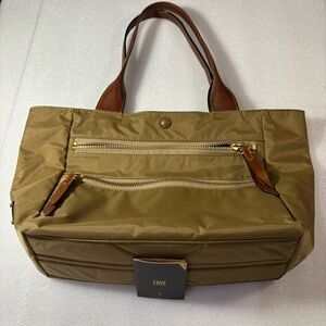 Frye Tan/Olive Tote with Brown Leather Straps.  Used but in Good Condition.